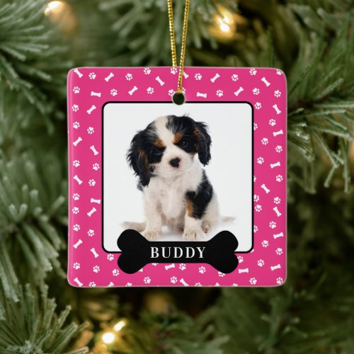 Personalized Dog Bone  Pawprint Holiday Photo Pet Ceramic Ornament