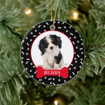 Personalized Dog Bone & Pawprint Holiday Photo Pet Ceramic Ornament by celebrateitornaments at Zazzle