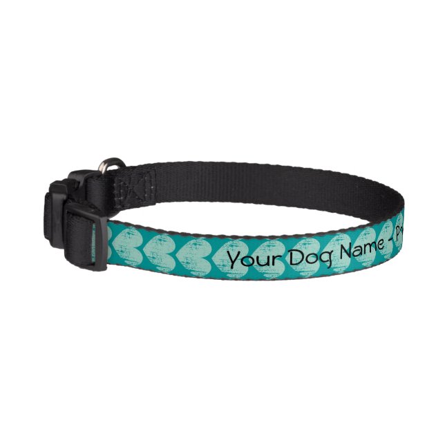 Personalized dog collar with turquoise heart print (Left)