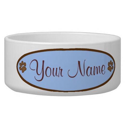 Personalized Dog Dish Blue Oval Paw Print Design