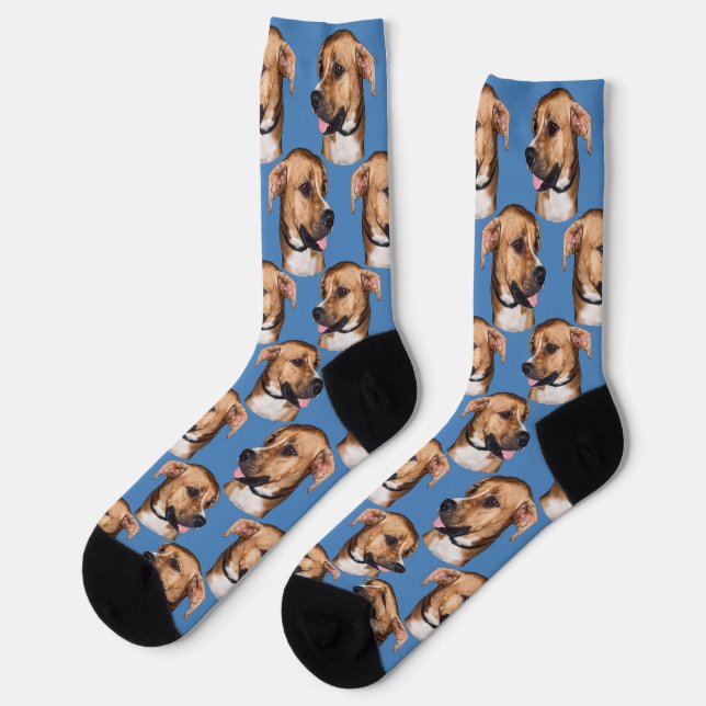 Personalized dog face photo Blue Cute Fun Pet Socks (Left)