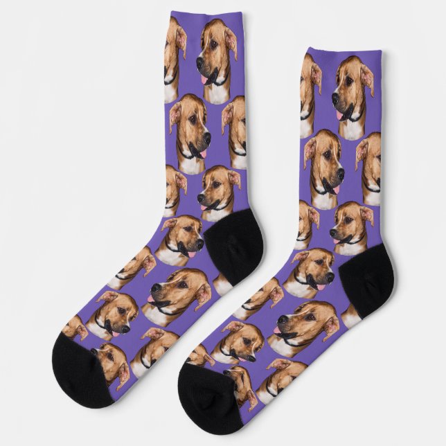 Personalized dog face photo Purple Cute Fun Pet Socks (Left)