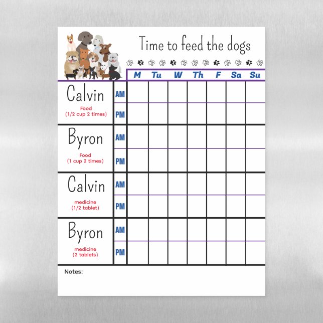 Personalized Dog Feeding Chart Magnetic Dry Erase Sheet (Vertical)