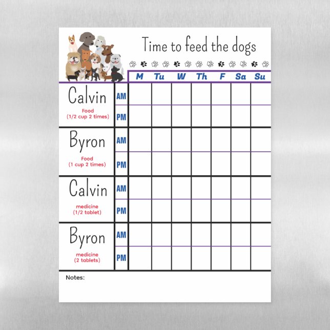 Personalized Dog Feeding Chart Magnetic Dry Erase Sheet (Vertical)