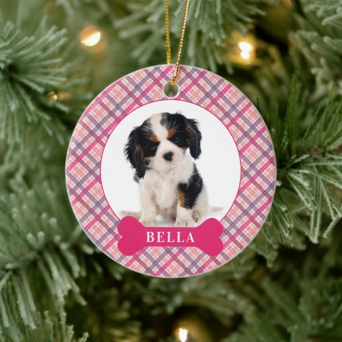 Personalized Dog Festive Plaid Holiday Photo Pet C Ceramic Ornament