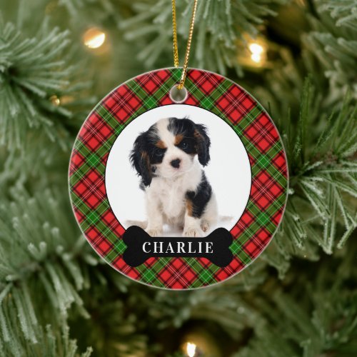 Personalized Dog Festive Plaid Holiday Photo Pet C Ceramic Ornament