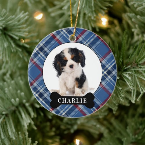 Personalized Dog Festive Plaid Holiday Photo Pet   Ceramic Ornament