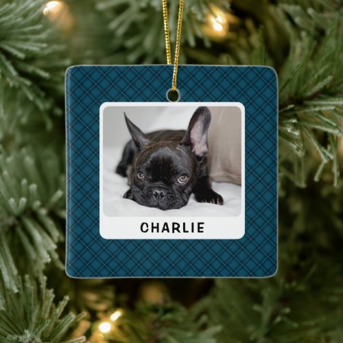Personalized Dog Festive Plaid Holiday Photo Pet  Ceramic Ornament