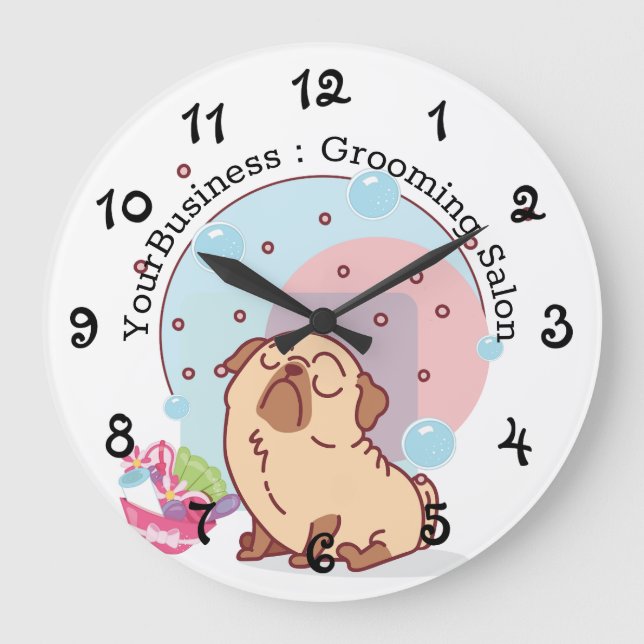 Personalized Dog Grooming Salon Pug And Bubbles Large Clock (Front)
