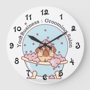 Personalized Dog Grooming Salon Pug In Bath Large Clock