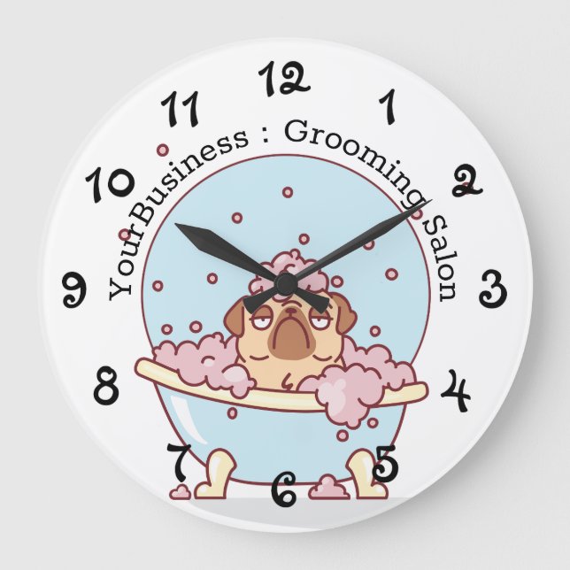 Personalized Dog Grooming Salon Pug In Bath Large Clock (Front)