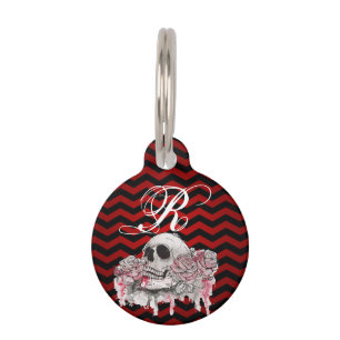 Personalized Dog ID Tag skull Rose Gothic Chevron