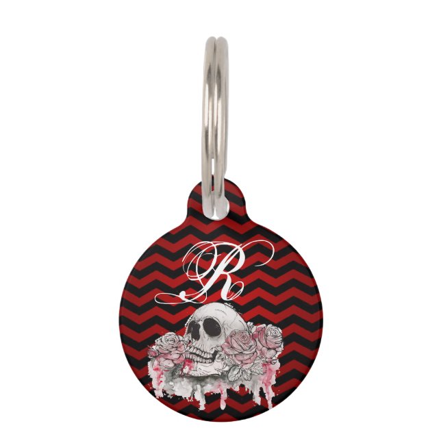 Personalized Dog ID Tag skull Rose Gothic Chevron (Front)