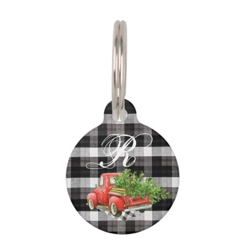 Personalized Dog ID Tag XMAS Truck Baffalo Plaid B