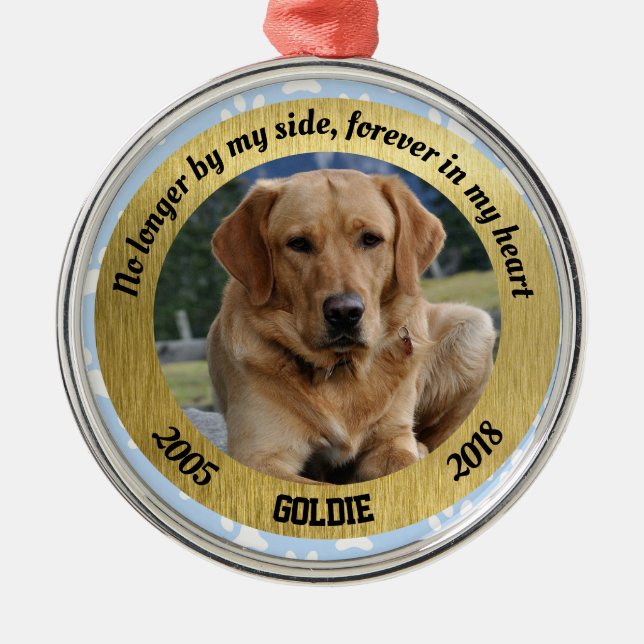 Personalized Dog Memorial Blue And Gold Christmas Metal Ornament (Front)