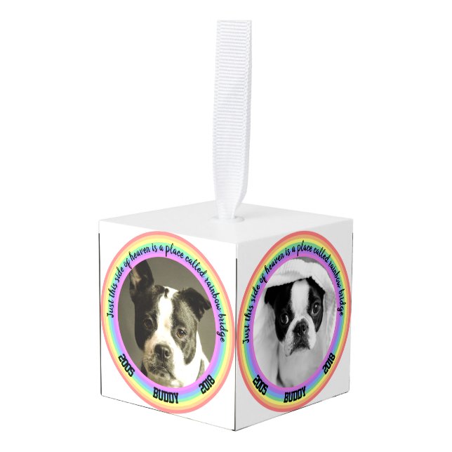 Personalized Dog Memorial Rainbow Bridge Christmas Cube Ornament (Front Angled)