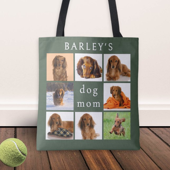 Personalized Dog Mom 8-Photo Collage Sage Green Tote Bag (A stylish, sage green tote bag for the 'dog mom', with personalized pet photo collage)