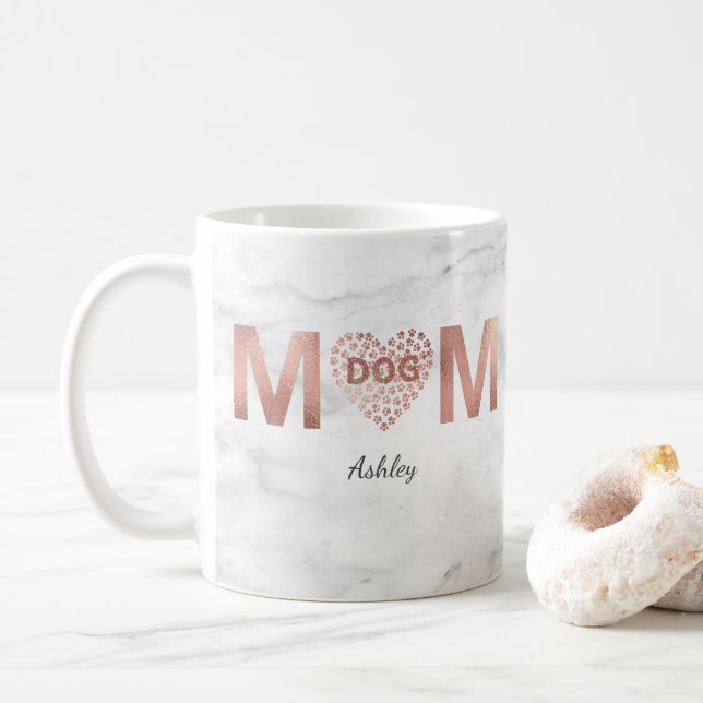Personalized Dog Mom Rose Gold Paw Prints Heart Coffee Mug (With Donut)