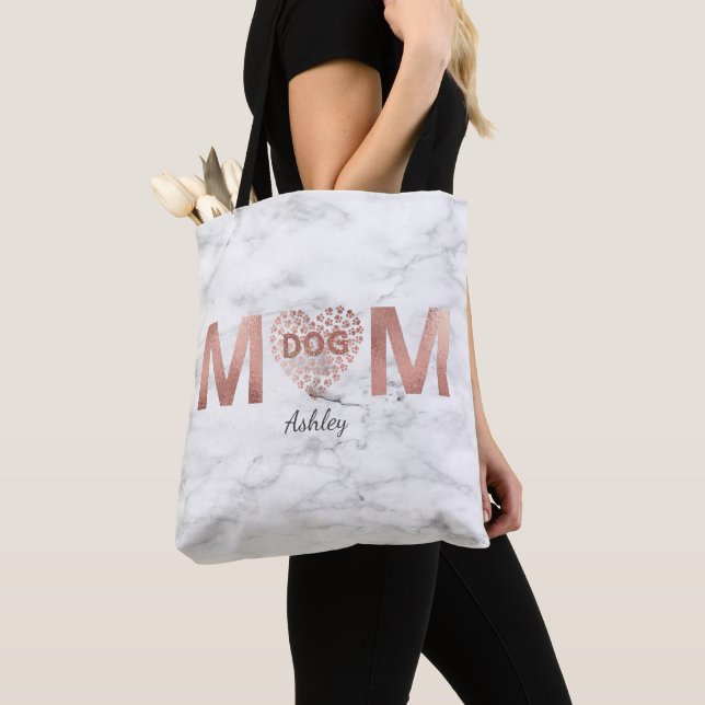 Personalized Dog Mom Rose Gold Paw Prints Heart Tote Bag (Close Up)