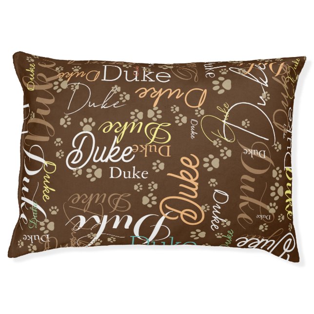 Personalized Dog Name and Paws all over brown Pet Bed (Front)
