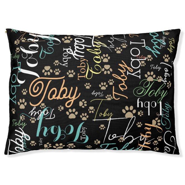 Personalized Dog Name & Paws Black Pet Bed (Front)