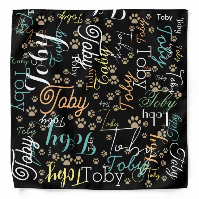 Personalized Dog Name & Paws repeated on black Bandana (Front)