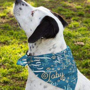 Personalized Dog Name & Paws repeated over blue Bandana