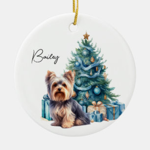 Personalized Dog Name Yorkie with Christmas Tree Ceramic Ornament
