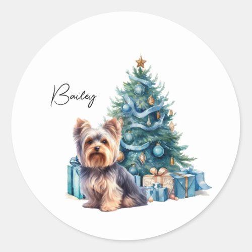 Personalized Dog Name Yorkie with Christmas Tree Classic Round Sticker