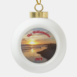 Personalized Dog on Beach at Sunset Ceramic Ball Christmas Ornament