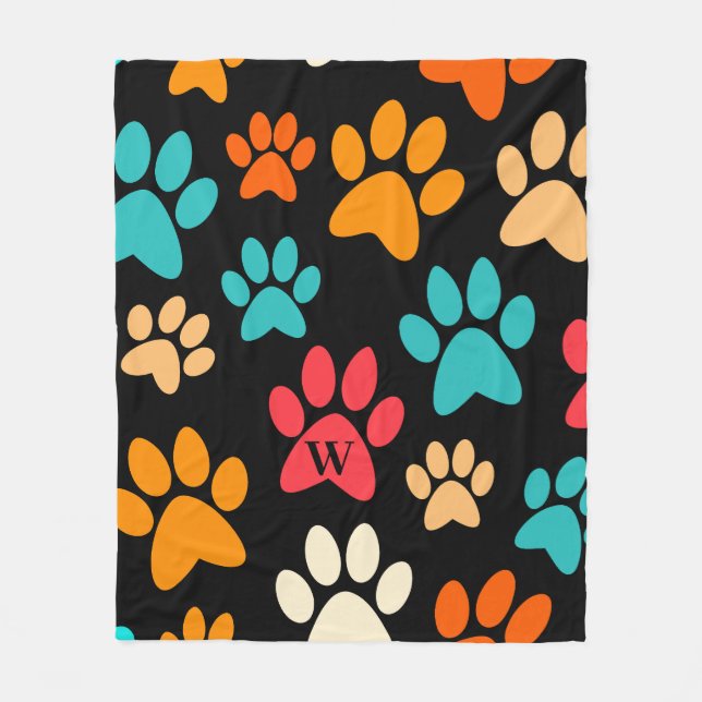 Personalized Dog Paw Print Monogram Dog Lover Fleece Blanket (Front)