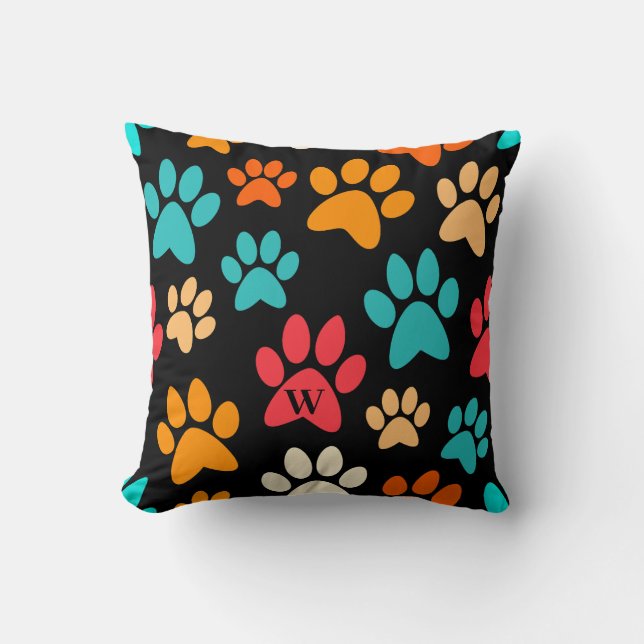 Personalized Dog Paw Print Monogram Dog Lover Throw Pillow (Front)