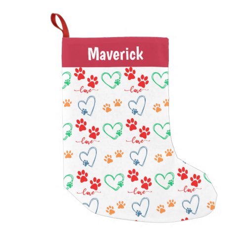 Personalized DOG PAW PRINTS and LOVE HEARTS Small Christmas Stocking