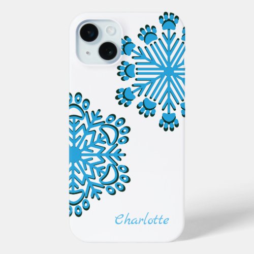 Personalized dog paw snowflake blue  white iPhone 15 plus case