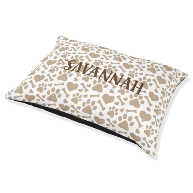 Personalized Dog Paws, Hearts, and Bones Pattern Pet Bed (Angled)