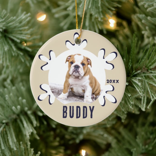 Personalized Dog Pet Name Photo Snowflake Ceramic Ornament (Tree)