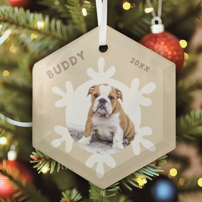 Personalized Dog Pet Name Photo Snowflakes Glass Ornament (Creator Uploaded)