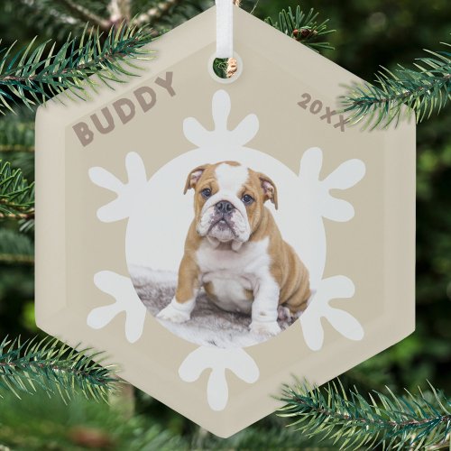 Personalized Dog Pet Name Photo Snowflakes Glass Ornament