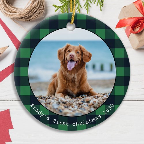 Personalized Dog Pet Photo Buffalo Plaid Christmas Ceramic Ornament