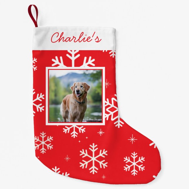 Personalized Dog Pet Photo Christmas Snowflakes    Small Christmas Stocking (Front)