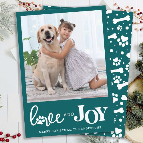 Personalized Dog Pet Photo LOVE  JOY Paw Print Holiday Card