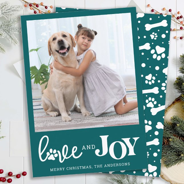 Personalized Dog Pet Photo LOVE & JOY Paw Print Holiday Card (Creator Uploaded)