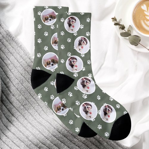 Personalized Dog Pet Photo Olive Green Collage  Socks