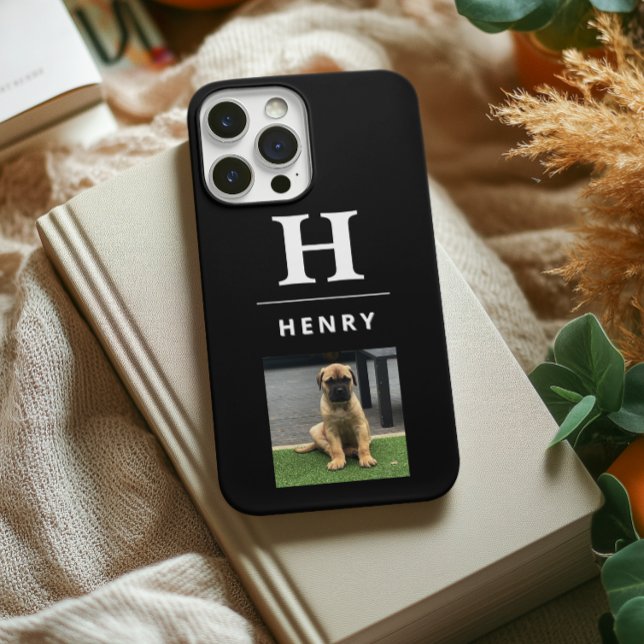 Personalized Dog Photo Black Minimalist Name Case (example is on a iphone 15 but most phone cases available)