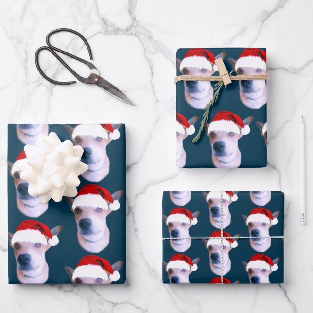 Personalized Dog Photo Blue Christmas Wrapping Paper Sheets (Front)