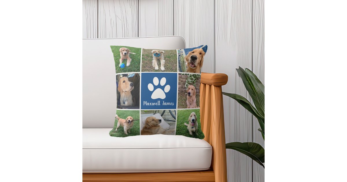 Personalized Dog Photo Collage Paw Print Blue Throw Pillow | Zazzle
