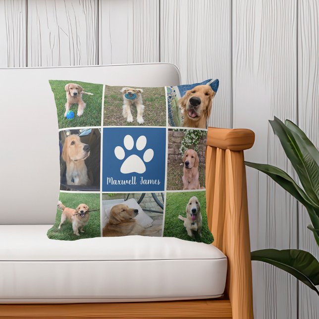 Personalized Dog Photo Collage Paw Print Blue Throw Pillow (Creator Uploaded)
