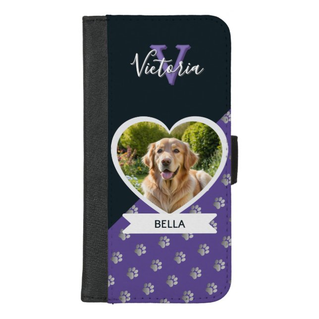 Personalized Dog Photo Heart Name Purple and Black iPhone Wallet Case (Front)
