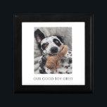 Personalized Dog Photo Keepsake Box<br><div class="desc">An endearing dog pet photo keepsake box featuring a dog with his favorite toy and the caption: "our good boy" with your dog's name. Customize for boy or girl dog.</div>