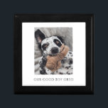 Personalized Dog Photo Keepsake Box<br><div class="desc">An endearing dog pet photo keepsake box featuring a dog with his favorite toy and the caption: "our good boy" with your dog's name. Customize for boy or girl dog.</div>